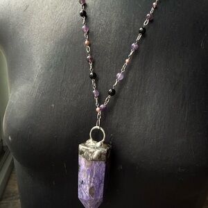 Charoite obsidian amethyst and pink pearl Pendant Necklace statement jewelry